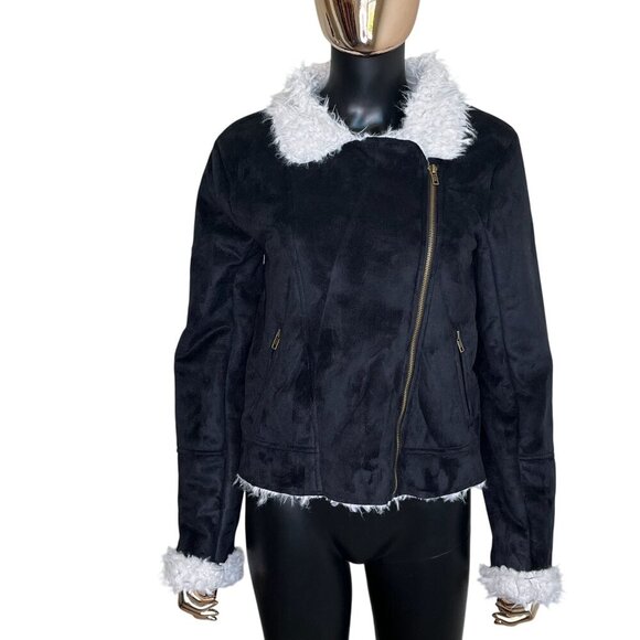 CAGE Black Faux Suede Sherpa Moto Jacket – Women’s Medium - Picture 6 of 11